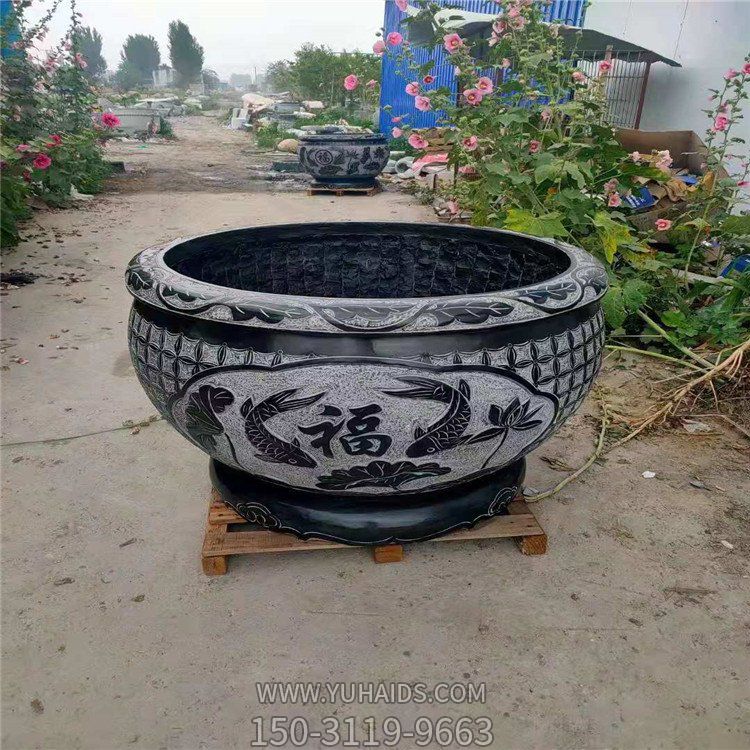 别墅户外园林摆放天然大理石做旧浮雕圆形鲤鱼水缸博鱼网页版
