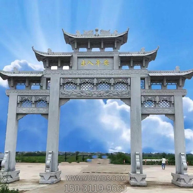 青石浮雕刻镂空三门牌楼景区墓园装饰石雕博鱼网页版