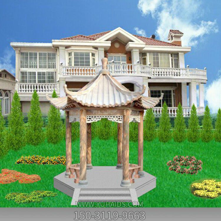 别墅花园户外摆放天然晚霞红雕刻中式六角休息石凉亭博鱼网页版