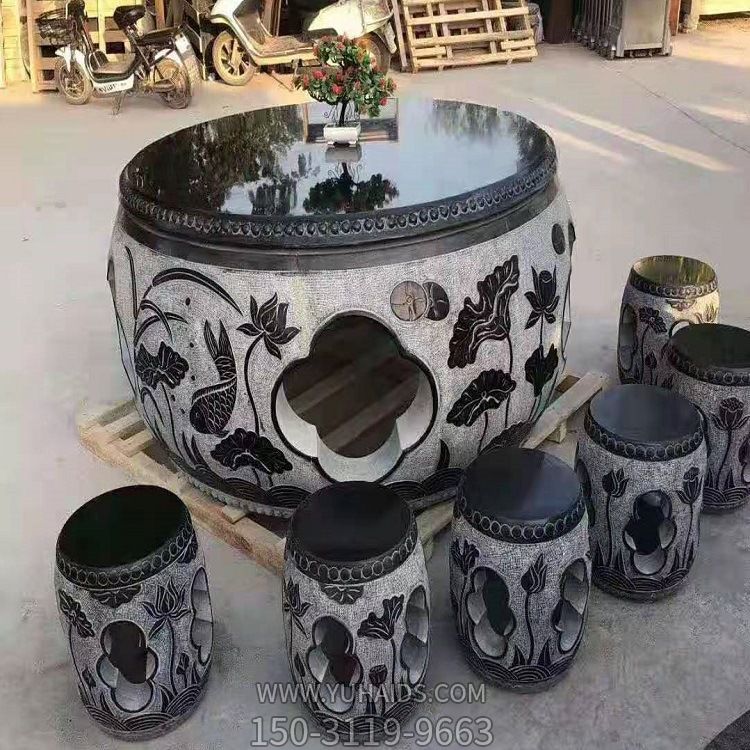 芝麻灰雕刻荷花圆形中式庭院摆放石桌石凳博鱼网页版