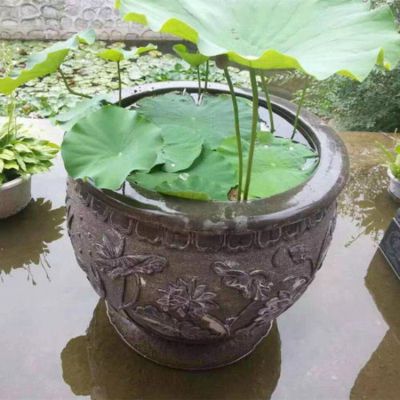 青石仿古石鱼缸 庭院别墅家用石雕花盆摆件 