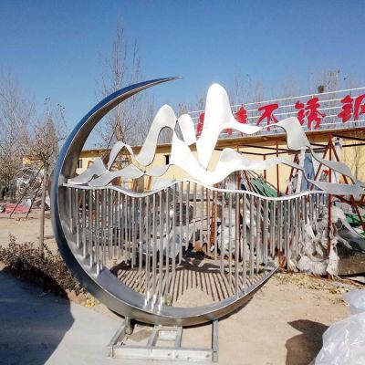 不锈钢抽象月亮假山小区水池景观博鱼网页版摆件