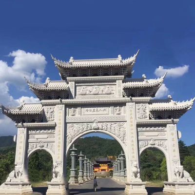 大型汉白玉寺院景区三门石雕牌楼