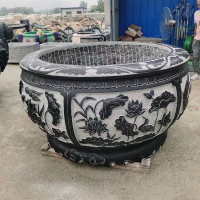 石雕青石荷花盆 石头圆缸庭院造景流水摆件