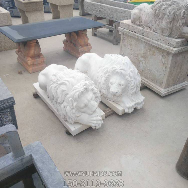庭院汉白玉石雕一对窝着的狮子摆件博鱼网页版