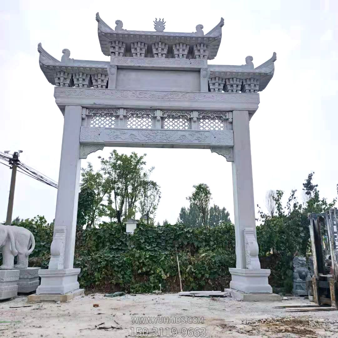 浮雕汉白玉单门三楼斗拱石雕牌坊博鱼网页版