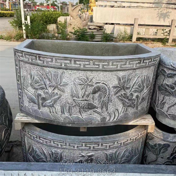 青石雕刻荷花养鱼椭圆水缸  庭院室外摆件石花盆博鱼网页版