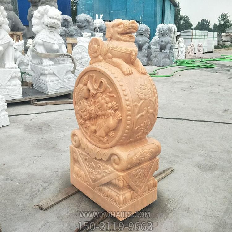 晚霞红大理石雕刻貔貅抱鼓石 中式庭院博鱼网页版