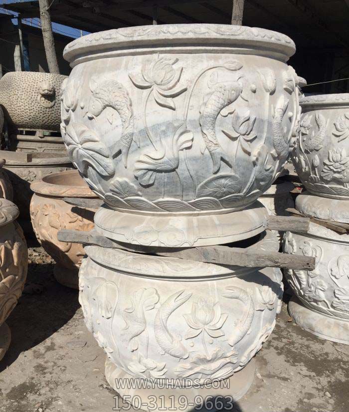 公园汉白玉连年有余浮雕圆形荷花石水缸博鱼网页版