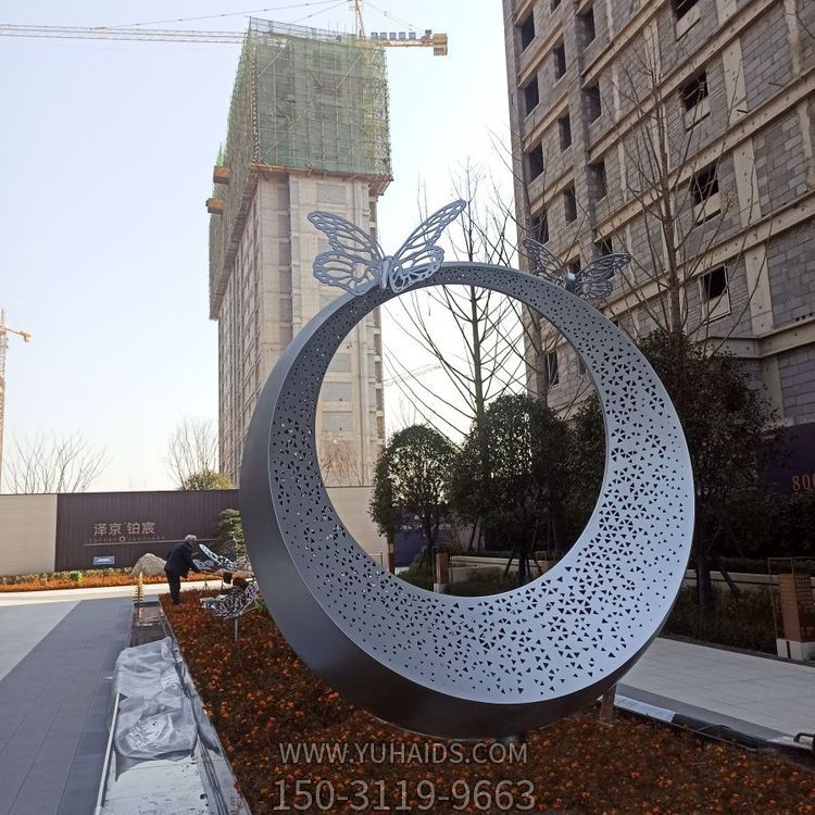 商场酒店门外大型不锈钢圆环灯光博鱼网页版定制 步行街户外水景工艺品摆件