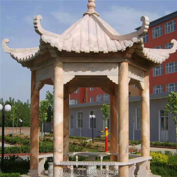 晚霞红大理石户外小区乘凉中式六角凉亭博鱼网页版