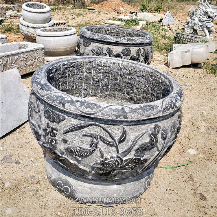 青石鱼缸，鲤鱼荷花刻纹仿古水缸博鱼网页版