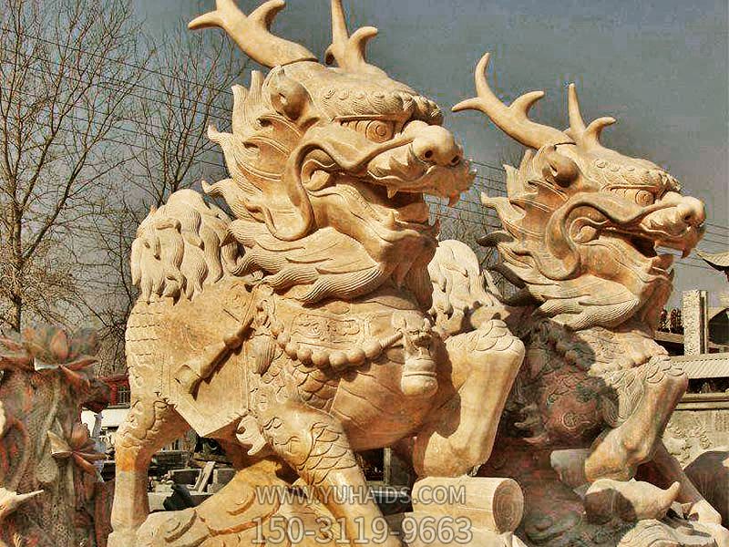 庭院寺庙晚霞红石雕神兽麒麟博鱼网页版