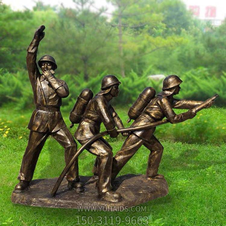 城市广场摆放玻璃钢仿铜消防员主题小品博鱼网页版