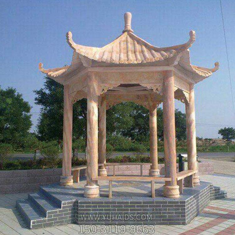 公园晚霞红石雕六角中式凉亭博鱼网页版