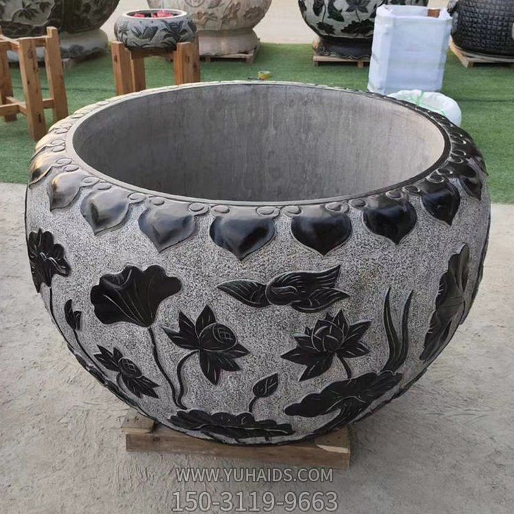 青石做旧浮雕荷花鱼缸庭院中式景观摆件博鱼网页版