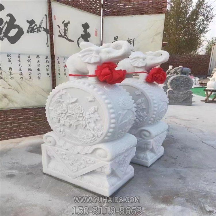 天然汉白玉大理石浮雕小象门墩抱鼓石一对博鱼网页版