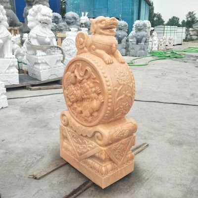晚霞红大理石雕刻貔貅抱鼓石 中式庭院博鱼网页版