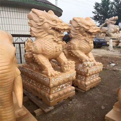晚霞红大理石石雕麒麟一对