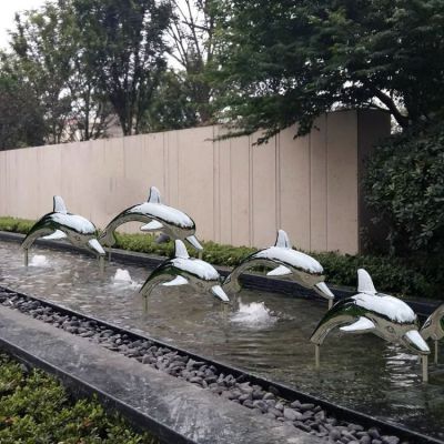 仿真不锈钢切片镜面小型海豚博鱼网页版 庭院景观摆件喷泉水景博鱼网页版
