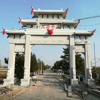 大理石浮雕三门五楼村口摆放仿古石雕牌坊