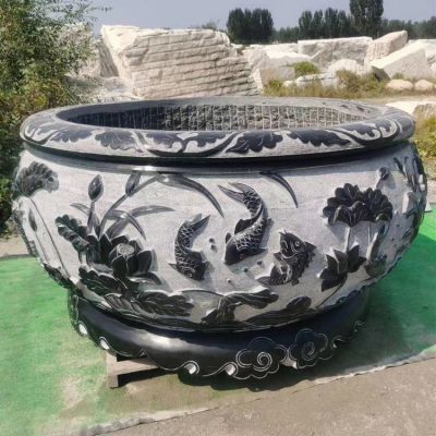 仿古青石浮雕荷花养鱼石缸庭院装饰摆件