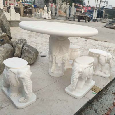 庭院家用汉白玉浮雕圆形小象石桌石凳