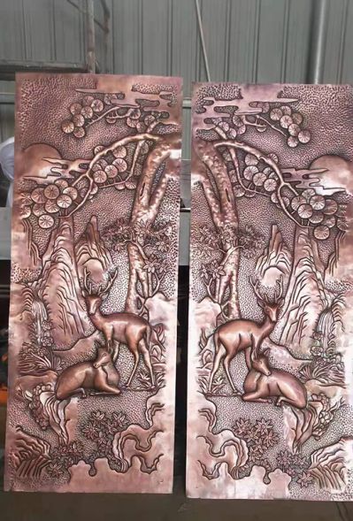 福寿安康紫铜浮雕装饰壁画,鹿和松树