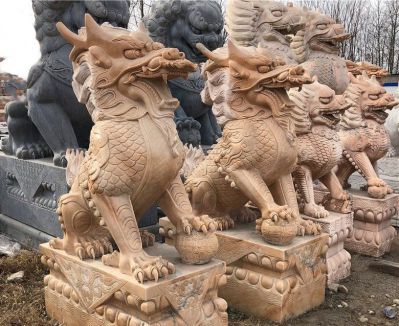 庭院寺庙门口晚霞红石雕麒麟博鱼网页版