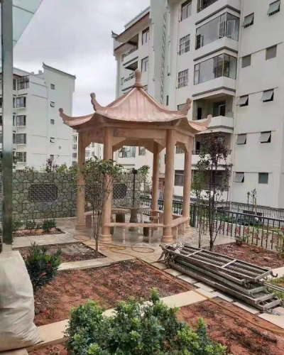 小区园林石凉亭，晚霞红大理石石雕亭子