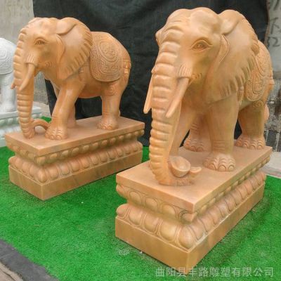 晚霞红汉白玉雕刻高100公分小象酒店摆件