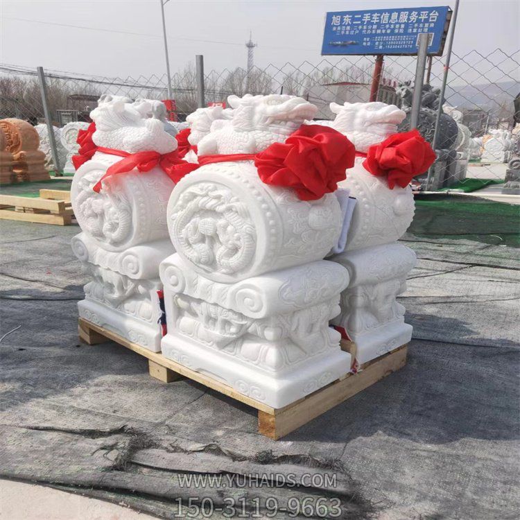 庭院大门口摆放天然汉白玉浮雕狮子门墩摆件博鱼网页版