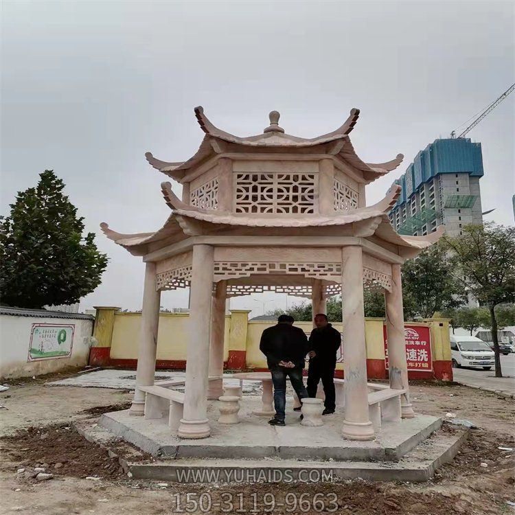 城市街边摆放晚霞红石雕二层石凉亭博鱼网页版