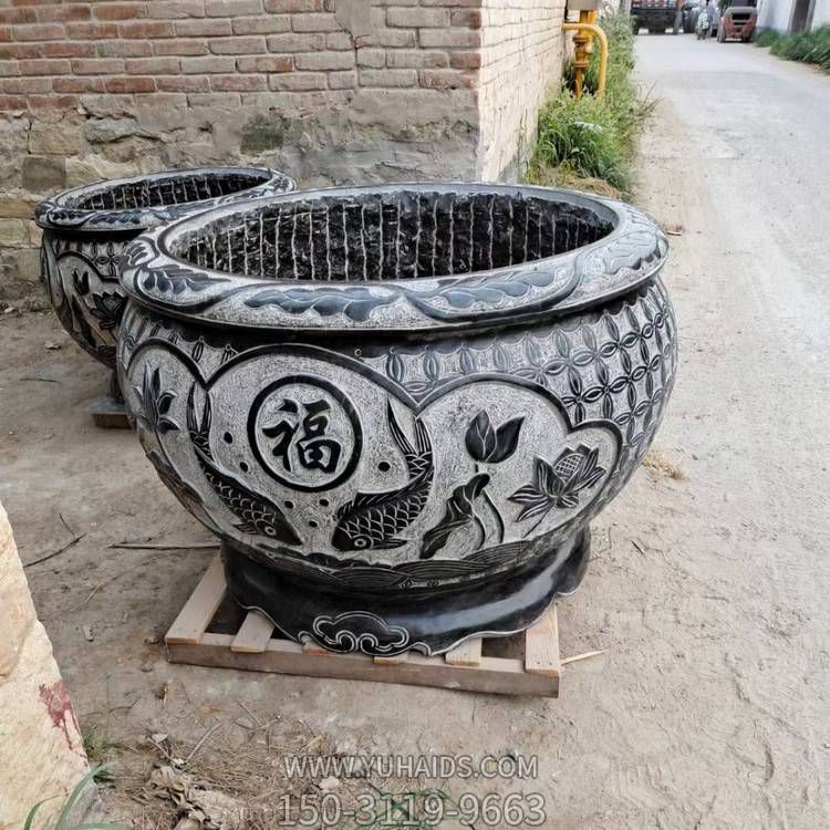 庭院摆放青石浮雕鱼缸荷花水缸博鱼网页版