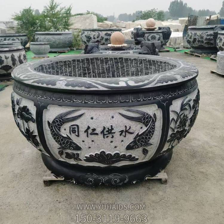 大理石浮雕荷花鱼缸 花园仿古青石花盆圆形同仁拱水缸