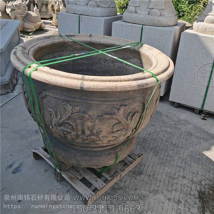 石雕复古荷花缸 饭店酒店做旧石雕鱼缸装饰摆件博鱼网页版
