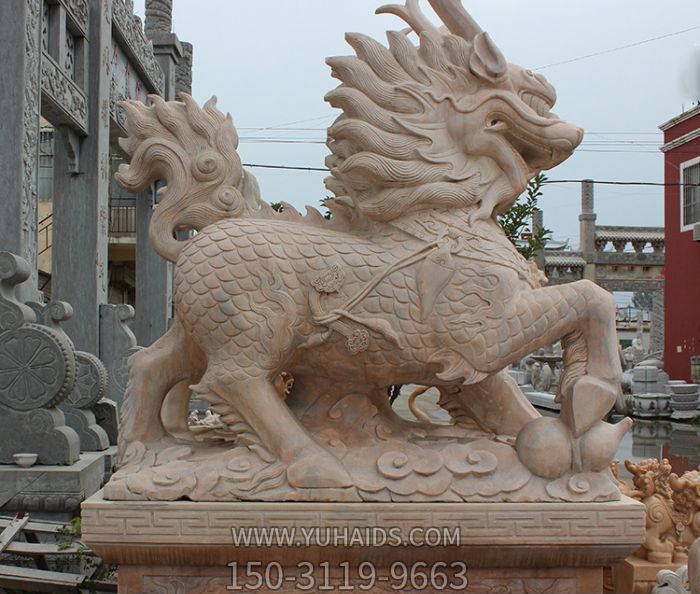 广场酒店大型户外景观晚霞红石雕麒麟博鱼网页版