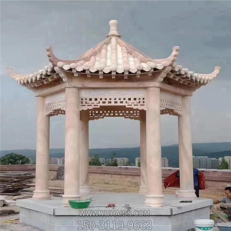 大理石晚霞红雕刻古建筑六角凉亭园林摆件博鱼网页版