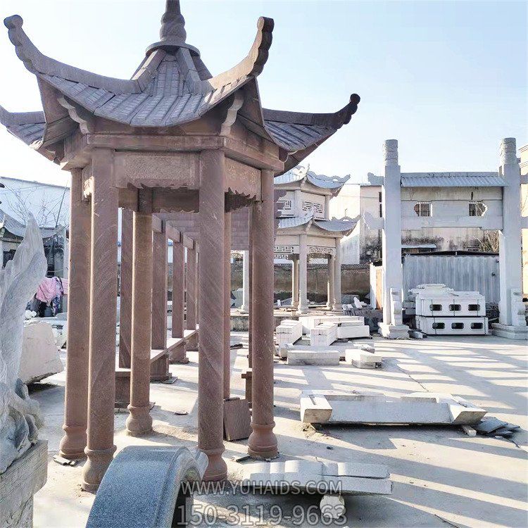 晚霞红大理石六角小型凉亭 园林庭院装饰摆件博鱼网页版