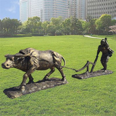 玻璃钢耕牛博鱼网页版 景点街道铜雕农耕人物博鱼网页版