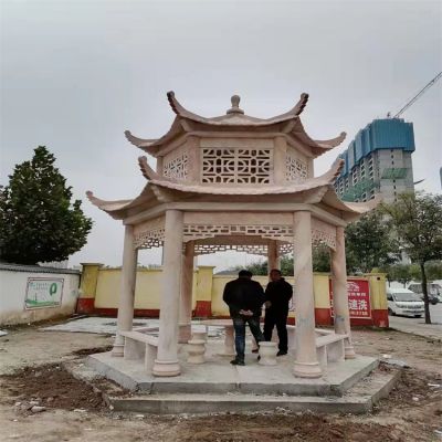 城市街边摆放晚霞红石雕二层石凉亭