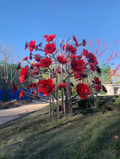 户外广场大型不锈钢彩绘玫瑰花景观摆件