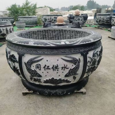 大理石浮雕荷花鱼缸 花园仿古青石花盆圆形同仁拱水缸