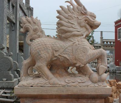 广场酒店大型户外景观晚霞红石雕麒麟博鱼网页版