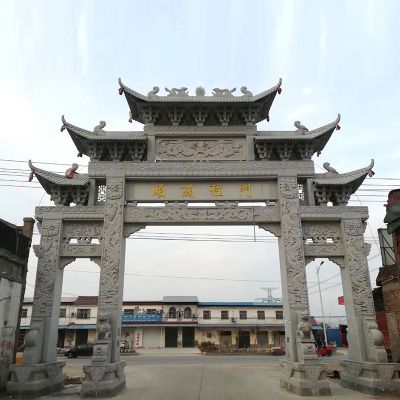 村庄街道仿古三门五楼浮雕青石雕牌楼