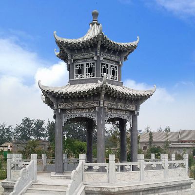 青石做旧镂空双层凉亭景区园林摆件