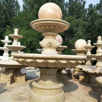 黄锈岩雕刻欧式小区花园户外摆放大型流水水钵