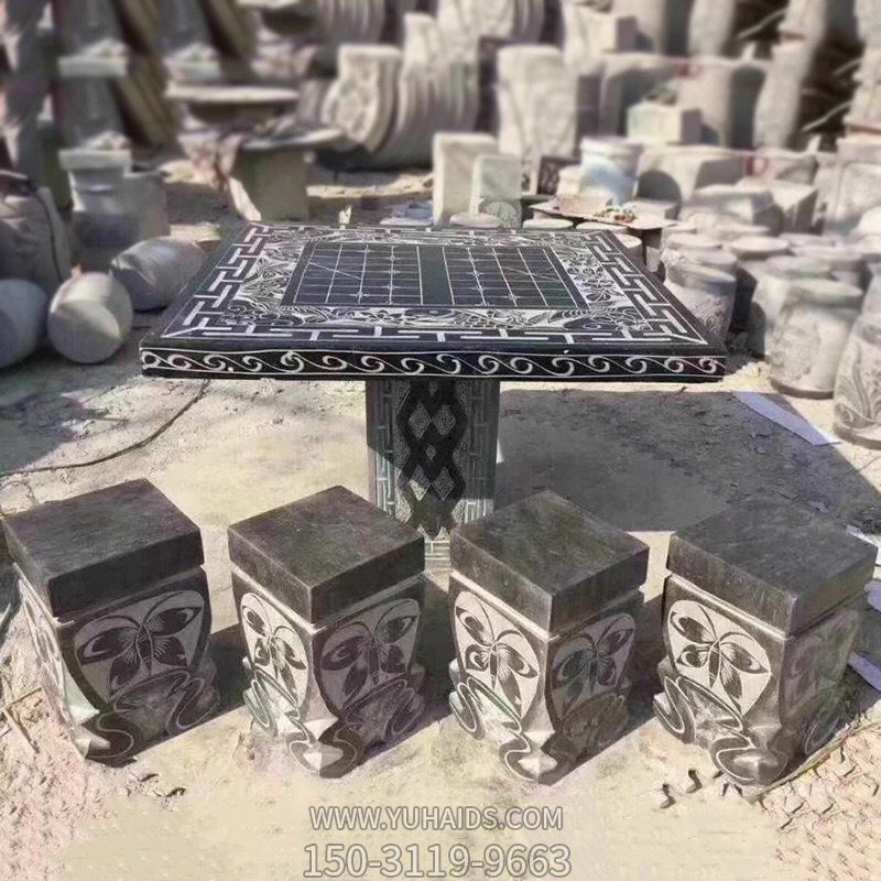 公园户外摆放大理石黑雕刻棋盘格方石桌石凳博鱼网页版