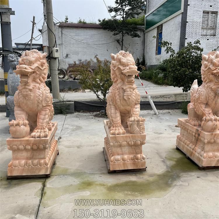 大理石晚霞红雕刻麒麟招财石雕 园林别墅摆件博鱼网页版
