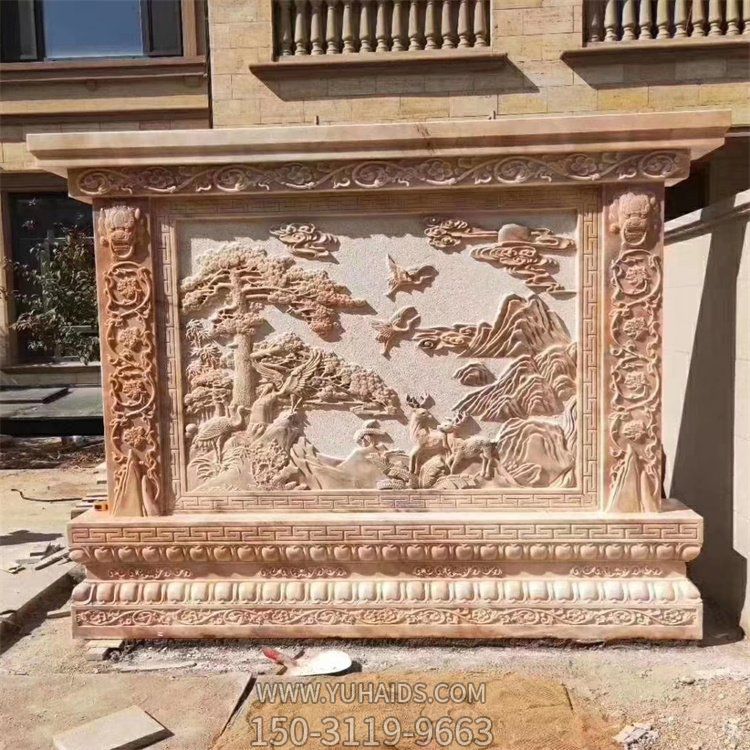 迎客松晚霞红石雕屏风，庭院南墙博鱼网页版